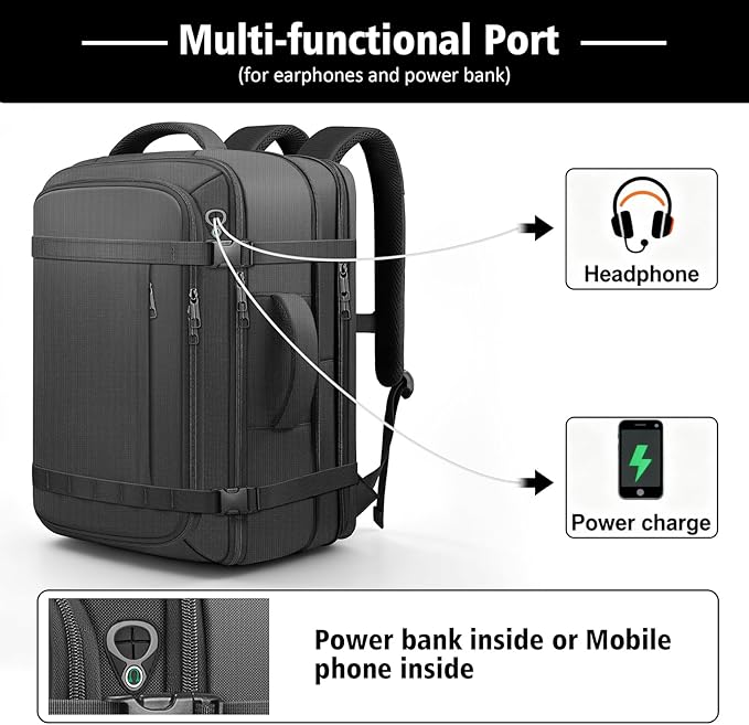 Ample Space Travel Backpack with LifetimeWarranty,Expandable Carry on Backpack with Cable Access Port,Fits 17.3"Laptop Notebook,Water Resistant Weekender Backpack Business Trips,Daily Travel,Black