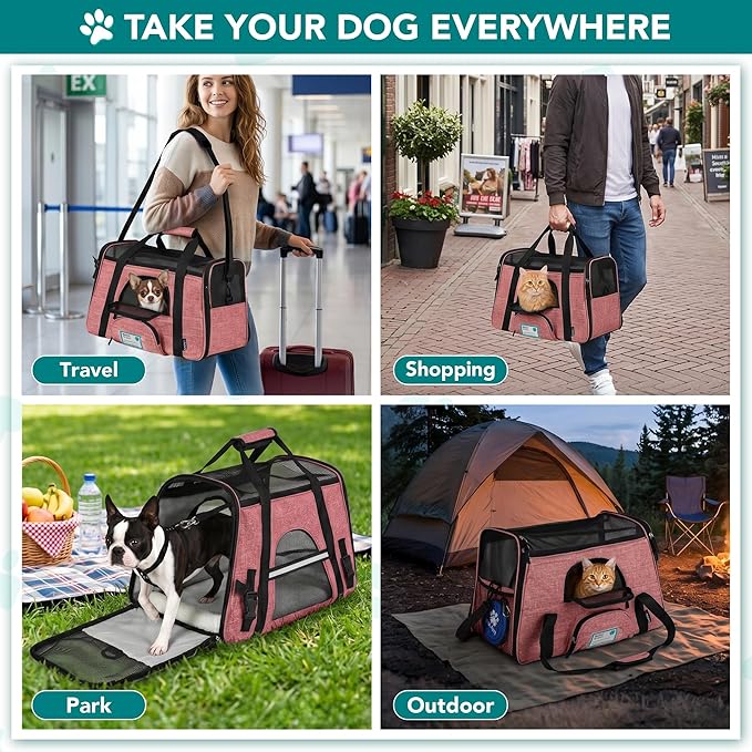 PetAmi Airline Approved Pet Carrier for Cats & Small Dogs, Soft Sided TSA Travel Carrier Bag with Sherpa Bed, Breathable Mesh Ventilation, Collapsible Bowl, Up to 18 lbs, Small Heather White Red