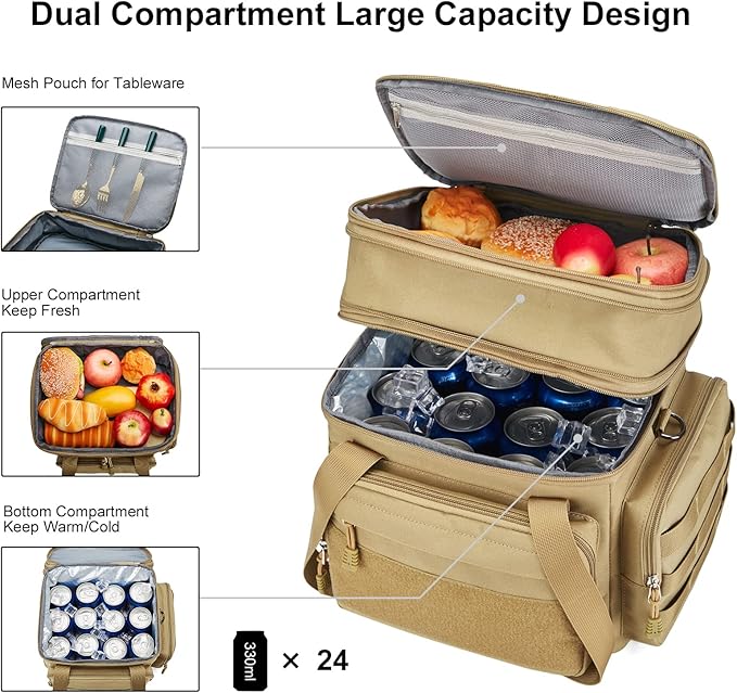 Large Tactical Lunch Box for Men, Insulated Lunch Bag Adult, Thermal Lunchbox Leakproof Waterproof Cooler Bag, Dual Compartment Lunch tote, Large Lunch Pail for Work Office Camping 24L
