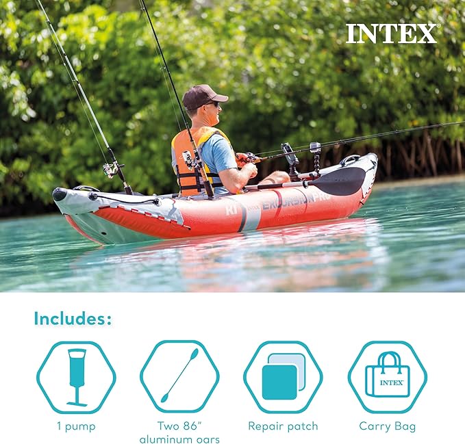 INTEX 68303EP Excursion Pro K1 Inflatable Kayak Set: Includes Deluxe 86in Kayak Paddles and High-Output Pump – SuperTough PVC – Adjustable Bucket Seat – 1-Person – 220lb Weight Capacity