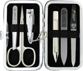 3 Swords Germany - Brand Quality 6 piece Manicure Pedicure Grooming kit Set - Scissors, Metal and Glass Nail File, Clipper, Tweezers with Synthetic Leather case - Chequered