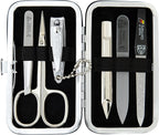 3 Swords Germany - Brand Quality 6 piece Manicure Pedicure Grooming kit Set - Scissors, Metal and Glass Nail File, Clipper, Tweezers with Synthetic Leather case - red