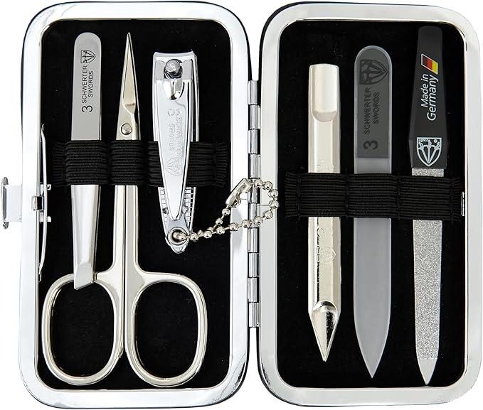3 Swords Germany - Brand Quality 6 piece Manicure Pedicure Grooming kit Set - Scissors, Metal and Glass Nail File, Clipper, Tweezers with Synthetic Leather case - Brown