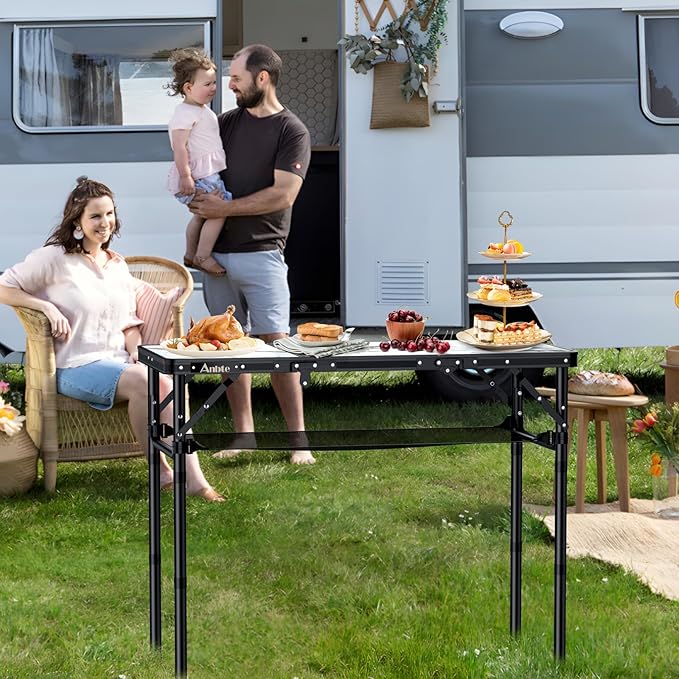 Folding Camping Table, Aluminum Small Folding Table 3 Adjustable Height Max 27.5", Portable Table with Carry Handle, Lightweight, for Outdoor Indoor Travel Camping Picnic BBQ, 34.6" x 15.7"