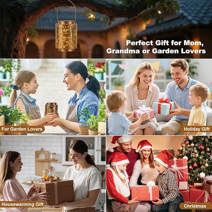 Outdoor Solar Lantern Waterproof Decorative Hummingbird and Trumpet Flower Lights with Metal Construction Warm White Glow Gifts for Mom Grandma Patio Garden Décor