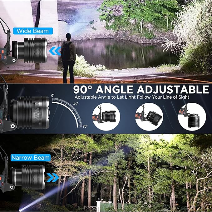 LED Rechargeable Headlamp, 3000 Lumens Super Bright Head Lamp with 5 Modes, 90°Adjustable, USB Rechargeable, Waterproof LED Headlamps for Adults Camping, Hiking, Climbing (2 Pack)