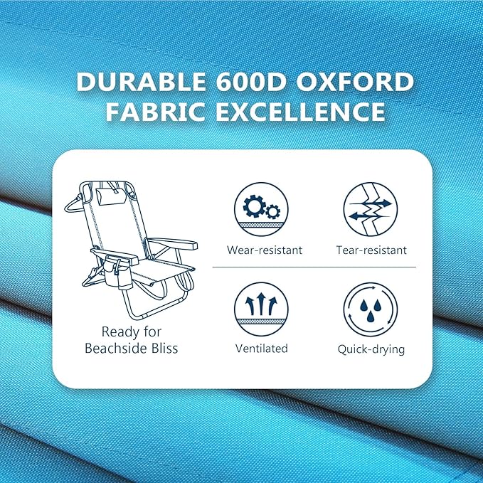 5-Position Aluminum Lay Flat Backpack Beach Chair, Compact Portable Low Beach Chairs for Adults with Cooler Pouch, Storage Pouch, Towel Bar, Cup Holder & Phone Holder, Blue