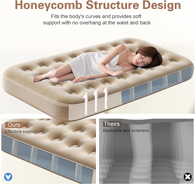 Twin Size Air Mattress – Single Inflatable Bed with Fiber-Tech Support, 10" Height, 300 lbs Capacity, Portable Blow Up Mattress for Camping, Guests & Travel