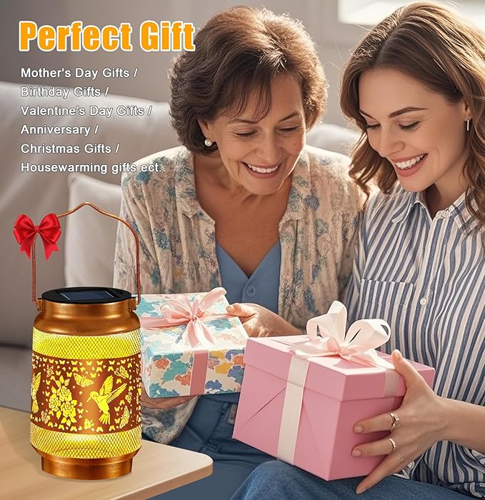 Hummingbird Solar Lanterns Outdoor Waterproof, Hanging Solar Lights Garden Lanterns with Shepherd Hook, Metal Garden Decor for Yard, Patio, Lawn, Landscape, Gifts for Women Mom Mothers Day