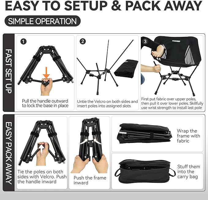 MARCHWAY Lightweight Folding Camping Chair, Portable Foldable Compact for Outdoor Camp, Travel, Beach, Picnic, Festival, Hiking, Backpacking, Supports 330Lbs (Black)