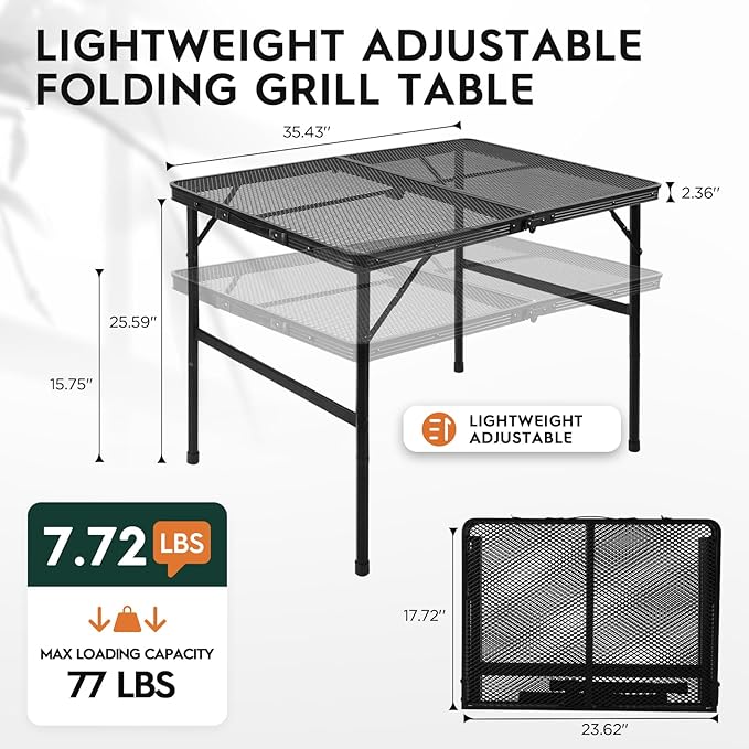 3x2 FT Folding Grill Table, Portable Camping Table for Outside, Adjustable Height Folding Table with Desktop & Mesh Bag, Lightweight Outdoor Table for Camping, Picnic, BBQ