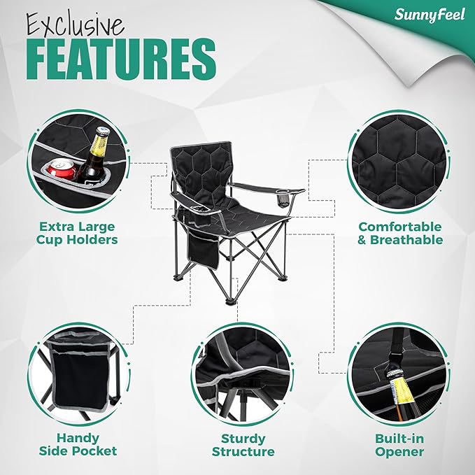 SUNNYFEEL XL Oversized Camping Chair, Folding Camp Chairs for Adults Heavy Duty Big Tall 500 LBS, Padded Portable Quad Arm Lawn Chair with Pocket for Outdoor/Picnic/Beach/Sports