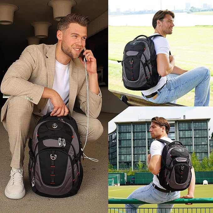 Swissdigital Design Laptop Backpack, Travel Backpack with USB Charging Port Fits 15.6 inches Computer, 31L College School Bookbag for Men, Black/Grey | SD803-02