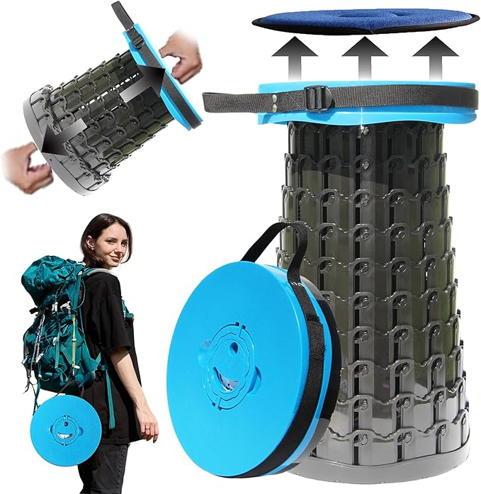 Upgraded XXL Collapsible Stool with Cushion,19.7"H-11.8"D Telescoping Folding Stool for Adults,More Sturdy Portable Camping Stools with Load Capacity 1000lbs for Outdoor,Garden,Fishing,Hiking