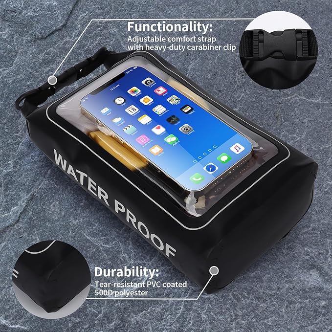 IP68 Waterproof Dry Bag, 2L - Roll Top Waterproof Pool Bag，dry bags for kayaking waterproof-w/Phone Pouch,Large Waterproof Phone Pouch,Boating & Kayak Accessories camping (black)
