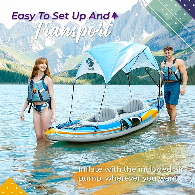 Sunlite Sports 2-Person Inflatable Kayak with Aluminum Oars (136" x 33"), High Output Air Pump and Storage Bag, Double Tandem Kayak for Adults, Two Person Canoe and Kayak, Good for Lakes and Rivers