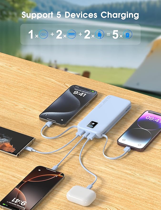 Portable Charger, 12000mAh 22.5W Fast Charging Power Bank with Built-in Cables & Wall Plug, Travel Essential Battery Pack with LED Display, USB C Battery Phone Charger for iPhone, iPad, Samsung Blue