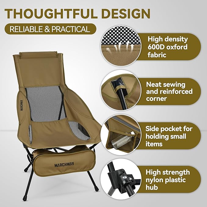 MARCHWAY Lightweight Folding High Back Camping Chair with Head Support, Stable Portable Compact for Outdoor Camp, Travel, Beach, Picnic, Festival, Hiking, Backpacking (Highback Khaki)