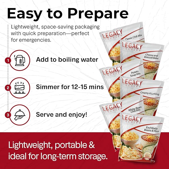 Legacy Food Storage 120 Serving Emergency Food Supply Bucket, 16 Entrees, 48,640 Total Calories, Shelf Stable Breakfast Lunch & Dinner, Freeze Dried Survival Meals for MRE Camping, Hiking, Prepping