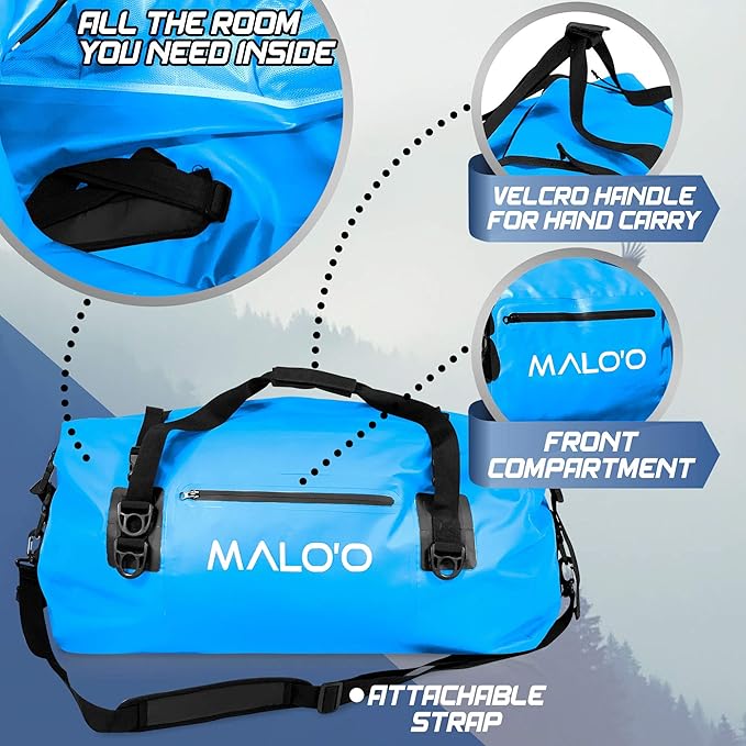 Malo’o Waterproof Dry Duffel, Heavy-Duty Roll Top Waterproof Gear Bag with Shoulder Strap & Molle Loops, Marine Duffel for Kayaking, Boating, Camping, Beach & Travel, Blue, 40L