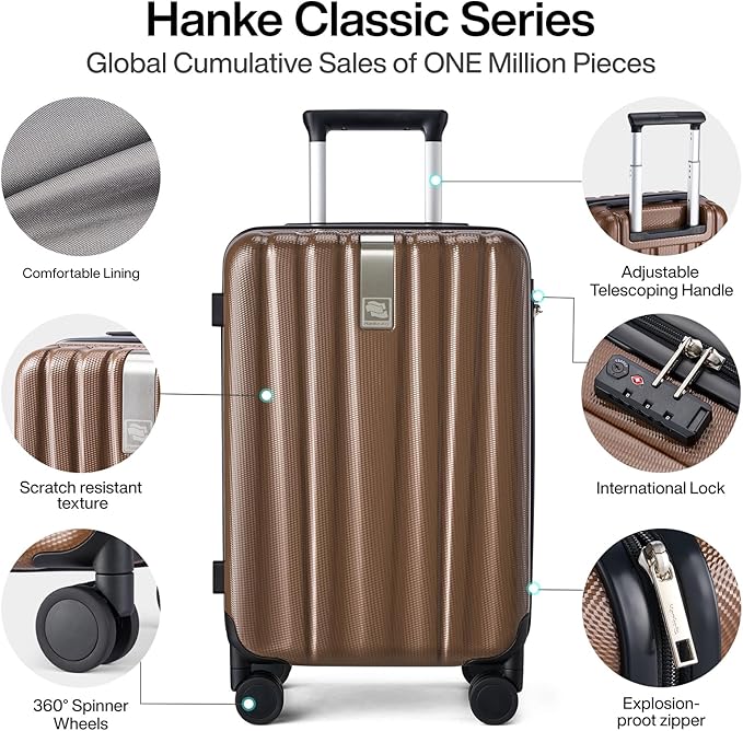 Hanke 20 Inch Carry On Luggage 22x14x9 Airline Approved Lightweight PC Hard Shell Suitcases with Wheels Travel Luggage Rolling Suitcase Travel Luggage Bag Christmas Gifts for Birthday （Brown）