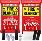 JJ CARE Fire Blanket – 2 Packs with Hooks and Gloves – Emergency Fire Blanket for Home & Kitchen, High Heat Resistant Fire Suppression Blankets for Home Safety, Kitchen, and Camping