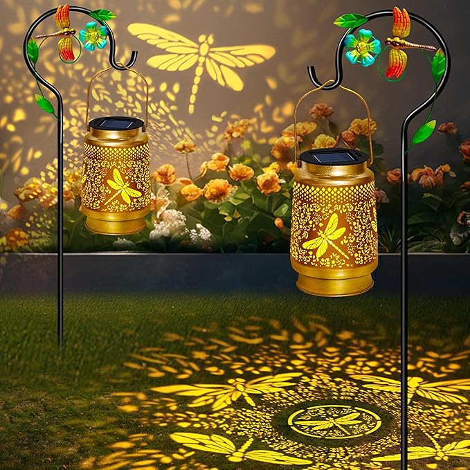 2 Pack Solar Lanterns Outdoor Decor Waterproof Dragonfly Gifts for Women Men,Metal Outdoor Solar Lanterns Outside for Garden,Yard,Patio,Lawn