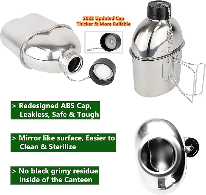 MASTIFF GEARS® 304 (18/8) Stainless Steel (FDA Compliant) US G.I Style Canteen Kit Cooking Set Camping Canteen Mess Kit with Cup, Lid, MOLLE Pouch for Camping Hiking