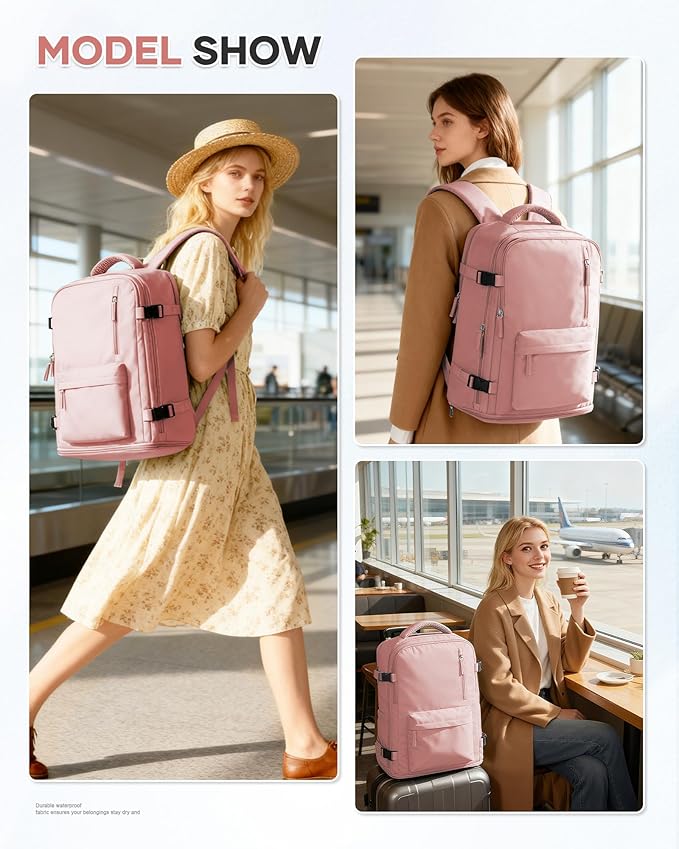 WONHOX Large Travel Backpack Women, Carry On Backpack,Hiking Backpack Waterproof Outdoor Sports Rucksack Casual Daypack with Shoes Compartment, Pink