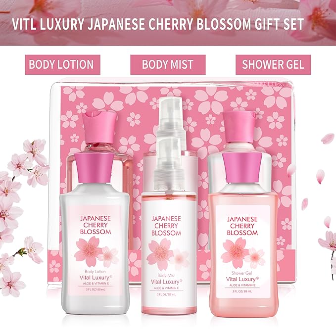 Bath and Body Gift Set, Japanese Cherry Blossom, 3-Piece Travel Size Collection, Shower Gel, Body Lotion, Body Mist, 3 Fl Oz Each, Natural Extracts, Ideal for Birthday, Mother's Day & Christmas Gifts