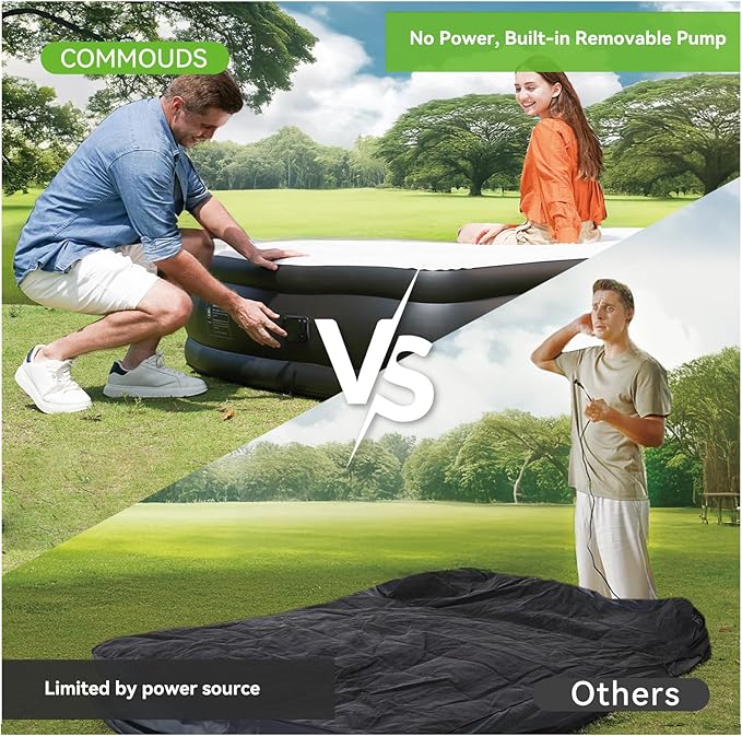 COMMOUDS Queen Air Mattress with Built-in Battery Powered Removable Pump, 13" High Inflatable Mattress, Portable Blow up Mattress, Air Bed for Camping, Home and Guest