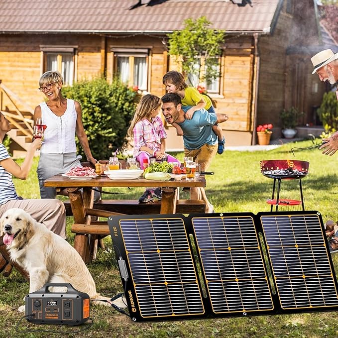 FlexSolar 120W Portable Solar Panel for Power Station, High Efficiency ETFE Foldable Solar Charger with Ajustable Stand and 4-in-1 Cable for Most Solar Generator/RV/Camping/Emergency Power Supply