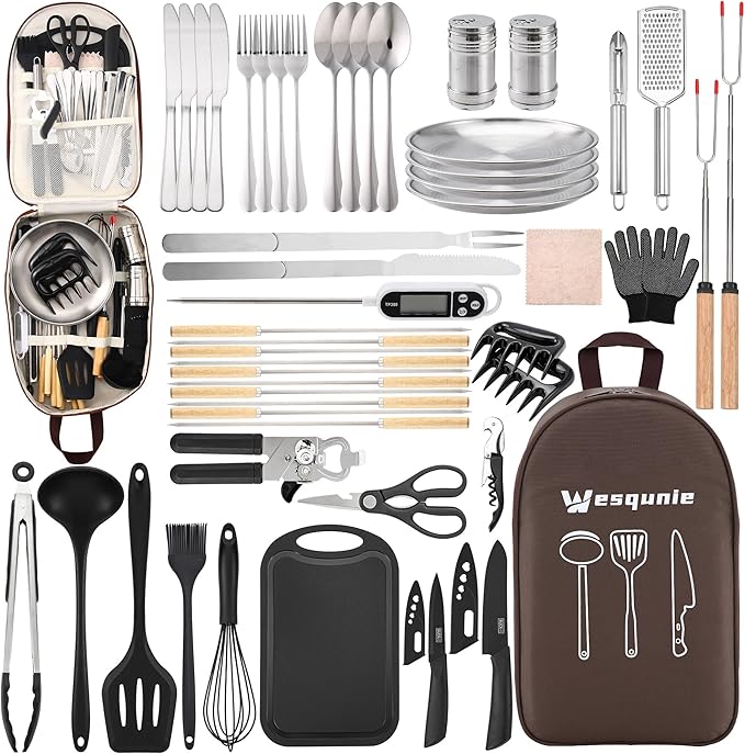 Camping Essentials Cookware Cooking Utensils Set - Portable Camp Kitchen Mess Kit Outdoor Accessories, Stainless Steel & Silicone, Camping Gear Equipment for RV Picnic Grill
