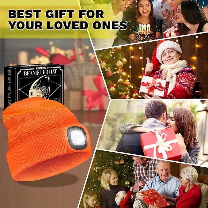 VIBELITE LED Beanie Hat with Light, USB Rechargeable LED Headlamp, Gifts for Men, Him, Husband, Boyfriend,Gifts for Dad, Husband, Father, Orange