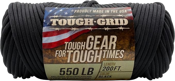 TOUGH-GRID 550 Paracord Rope Nylon Parachute Cord, Made in USA Survival Kit, Outdoor Adventures, Camping, Tactical Gear & Emergency Supplies, Military Type III Mil-Spec