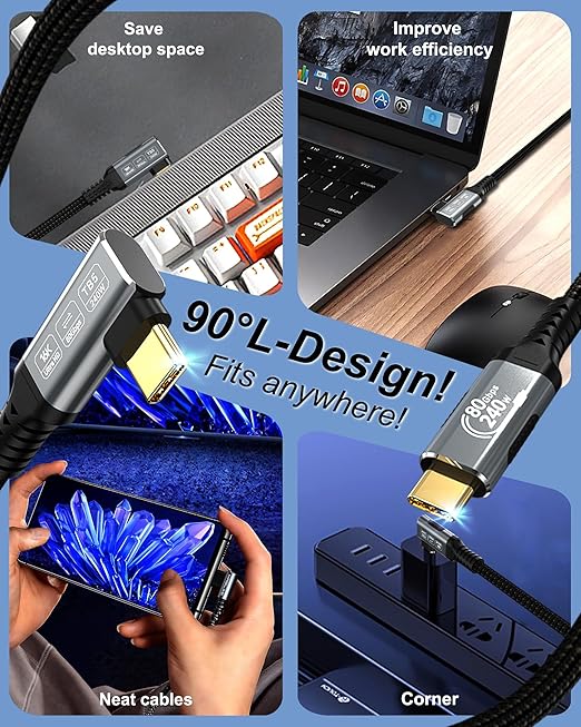 80Gbps Right Angle USB 4 Cable for Thunderbolt 5 Cable 3.3FT, 240W Charging, Up to 120Gbps Bandwidth for 16K/Dual 8K, Braided USB C to USB C Cable for Thunderbolt 4, Macbook Pro, iPhone 17, SSD