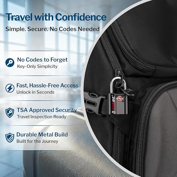 Forge Small Size TSA Approved Luggage Locks: Key Locks for Travel. Ultra Secure Dimple Key Travel Locks Alloy Body Luggage Locks. Black 8 Pack.