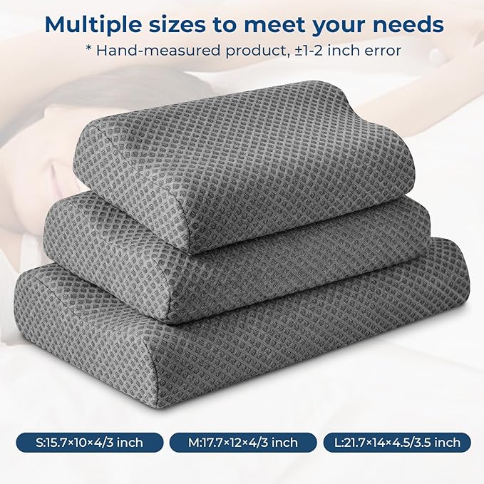 Travel Pillow Memory Foam Pillows, Ergonomic Wave Cervical Neck Pillow for Neck Pain Relief, Compressible Medium Firm Side Sleeper Pillow, Ideal for Camping, Office, Home & Bed (Dark Grey, S)