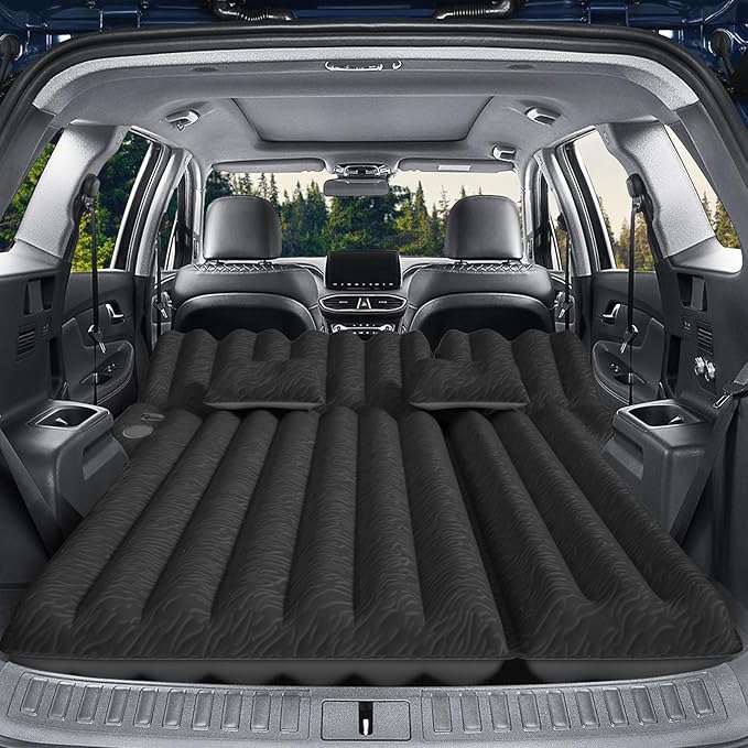 SUV Air Mattress: Inflatable Car Air Mattress for Camping, Flocking Car Bed with Air Pump & 2 Pillows, Portable Sleeping Pad Mattress for Home Car Travel Camping Black