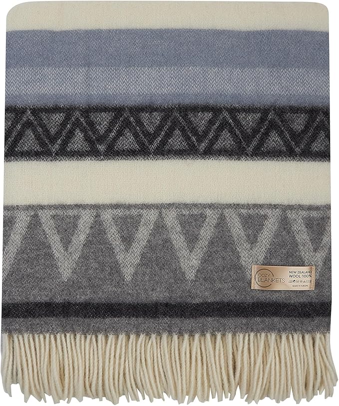 New Zealand Virgin Wool Throw Blanket, Indoor & Outdoor Blankets and Throws, Soft Blanket with Fringes, 55 x 79 in (140 x 200 cm), Beige Gray Blue