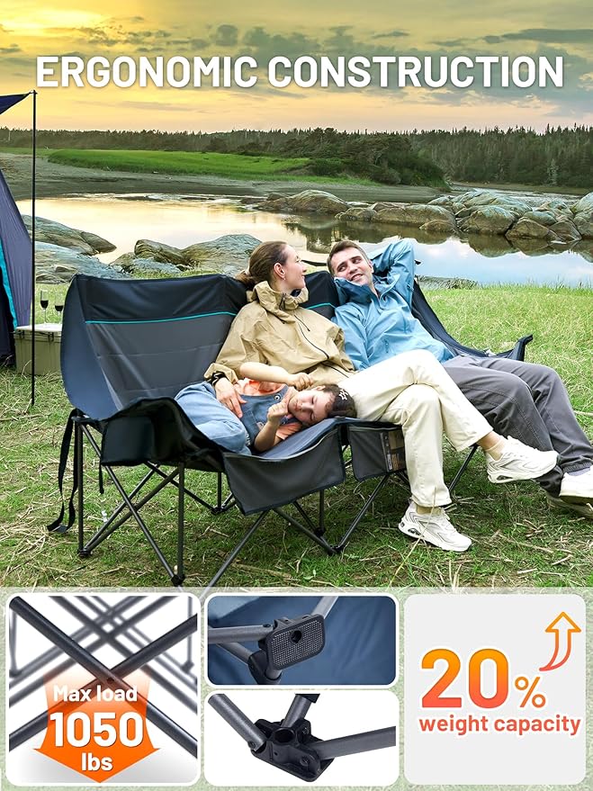 TIMBER RIDGE Padded 3 Person Camping Chair with Cup Holders and Pockets, Outdoor Folding Loveseat Camping Chairs, 1050lbs Capacity Heavy Duty Camp Couch for Outside Picnic, Beach, Lawn, Sports, Blue