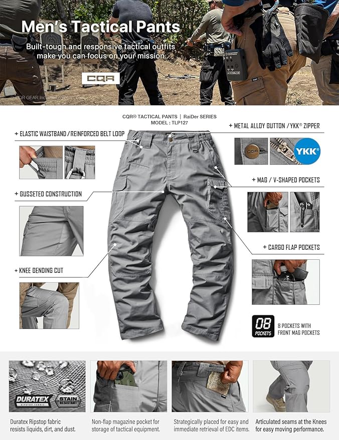 CQR Men's Tactical Pants, Water Resistant Ripstop Cargo Pants, Lightweight EDC Work Hiking Pants, Outdoor Apparel