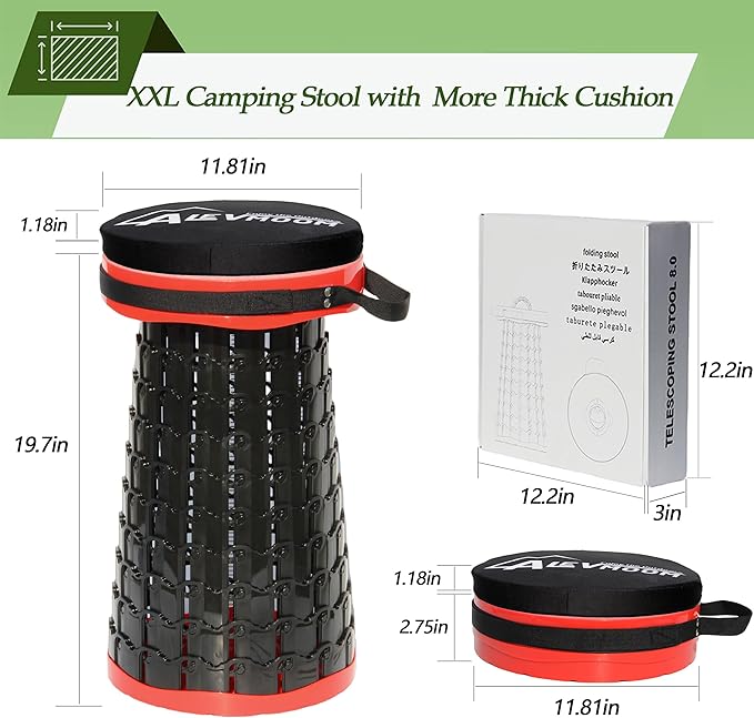 ALEVMOOM 2025 Upgraded XXL Collapsible Stool with Cushion 19.7",1000lbs Max Weight,Wider & Taller Pop Up Seat, Heavy Duty Portable Retractable Folding Stool for Camping & Outdoors (Red)