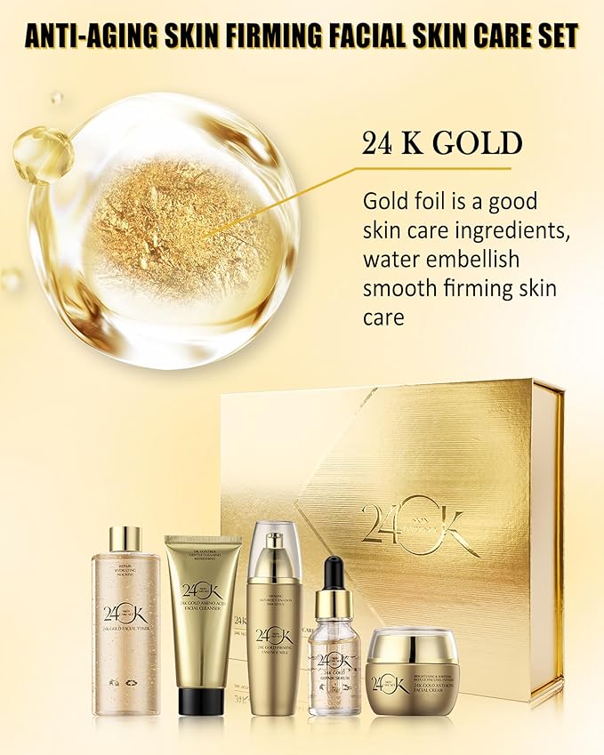 24K Gold Skin Care Set,6 in 1 Hydrate Firm Skincare Gift Toiletries Set,Moisturizing Soft Facial Skin Care Product Kit for Wrinkles Fine Lines,Women's Mother’s Day Skin Care Gift Kit for Women Mom