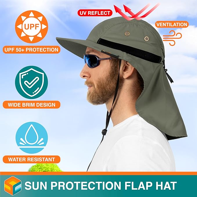 SUN CUBE Sun Hat for Men, Wide Brim Fishing Hat Neck Flap Cover Men, Women, Hiking, Camping, Sun Protection UV, Gardening
