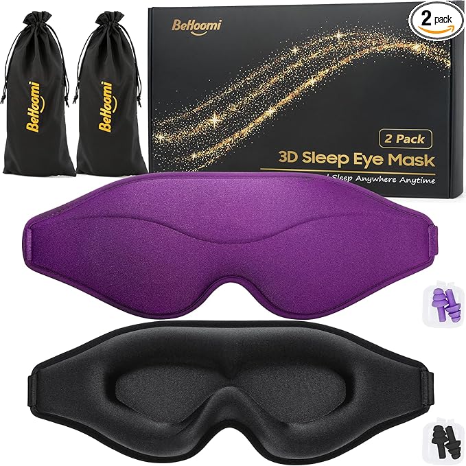 Sleep Mask, 2 Packs Premium Eye Mask for Sleeping, Total Blackout, Superior Soft Comfort, Upgraded 3D Ergonomic Designed Sleeping Mask for Home, Office, Travel, Meditation, Black & Purple