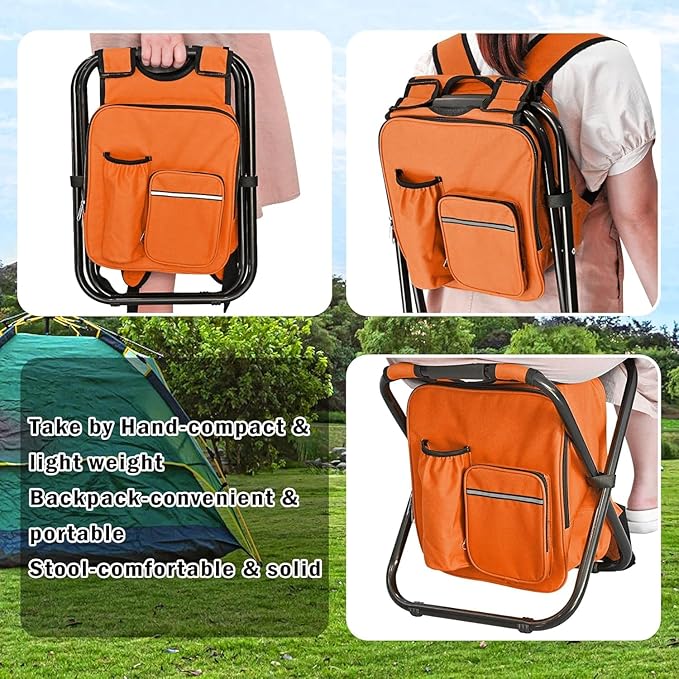 Kikerike Backpack Stool Cooler Chair Heavy Duty 400 LBS Max Load Portable Lightweight Stool Backpack Folding Fishing Cooler Seat for Camping Hunting Fishing - Orange