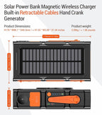 Solar Power Bank Dual Magnetic Wireless Charging, Built-in 2 Retractable Cables & Hand Crank and 22.5W Fast Charge, SOS/Strobe/Strong Flashlights