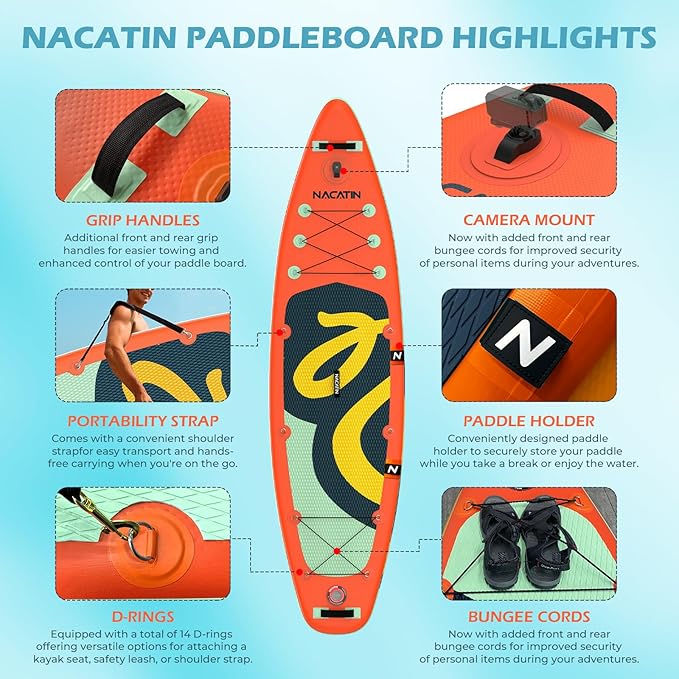 NACATIN Inflatable Stand Up Paddle Board with Kayak Seat,10'6"Upgrade Version Blow Up Paddle Boards for Adults with Premium SUP Accessories&Backpack,Adjustable Paddle,Camera Mount,Fins,Hand Pump