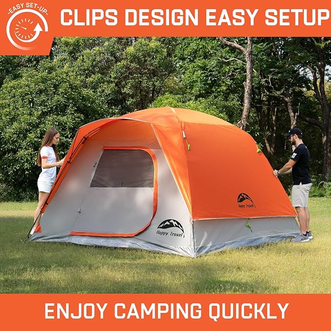 Happy Travel Camping Tent, 4/6 Person Dome Tents for Camping with Rainfly, Waterproof Clip Easy Setup Portable Family Tent with Mesh Windows, 20% More Headroom Backpacking Tents for Camping & Hiking